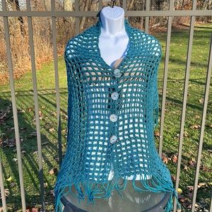 NWT Pure Handknit Cotton Teal Button Down Poncho Shawl - One Size